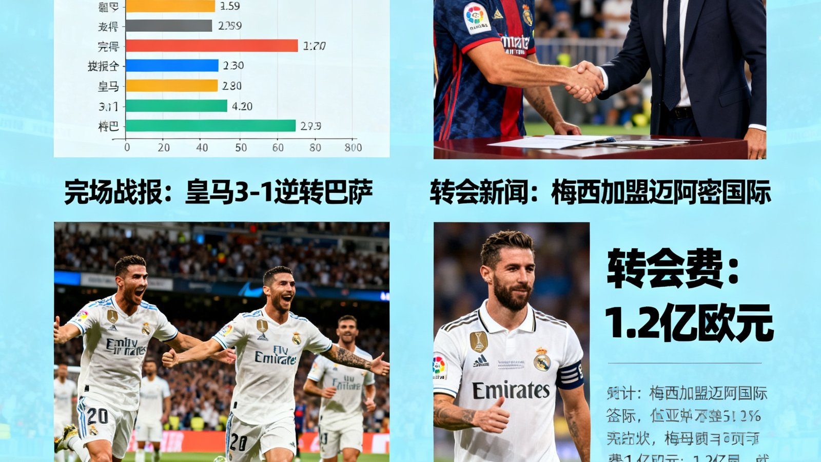 完场战报推送和转会新闻图文，包含球员照片和转会费标签